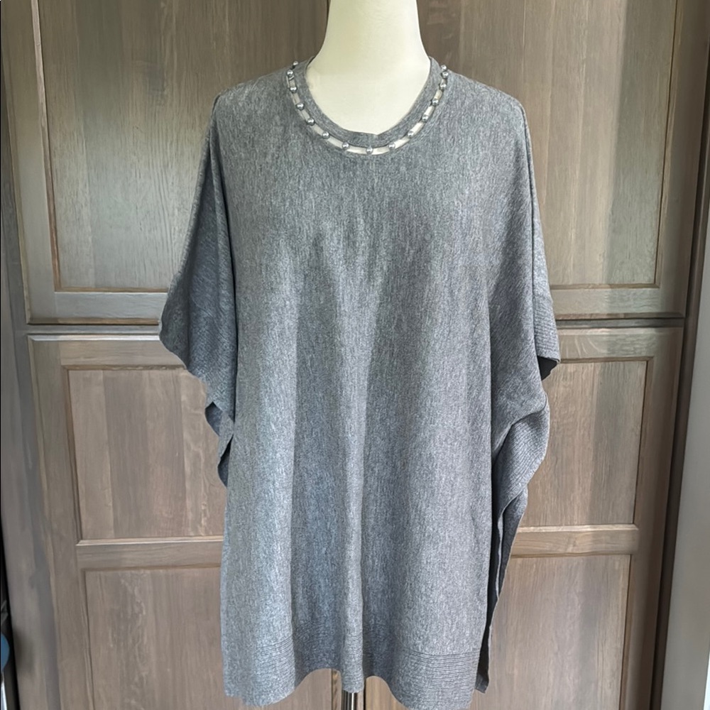 Chico's Gray Pearl Embellished Neckline Pullover Poncho Top